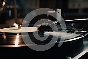 close-up of vinyl record spinning on turntable, creating lofi music