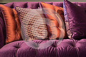 Close up of violet velvet sofa and cushions