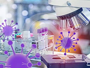 Close up virus bacteria germs disease organism cells coronavirus with microscope equipment during research experiments for vaccine