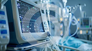 Close-up of a vital signs monitor in an icu with medical equipment in the backdrop photo