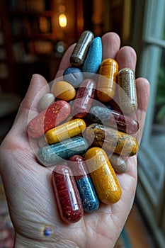 Close-up of vitamin capsules and dietary supplements. Including vitamin C, vitamin E, vitamin D3, salmon oil, fish oil and