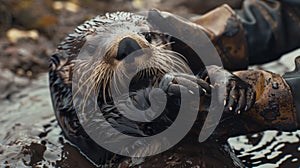 Close-up of a volunteer helping a cute scared otter cub covered in oil. The concept of environmental pollution