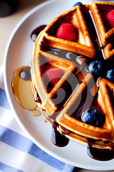 Close up of waffle with berries on white plate, ai generated