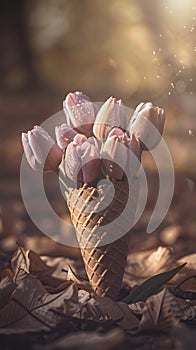 Close up of a waffle cone filled with pink terrestrial plant flowers