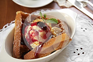 Close up waffle and icecream