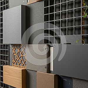 A close-up of a wall featuring a variety of textured and patterned tiles. The