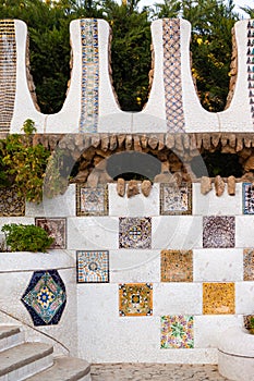 Close up of a wall mosaic in the Park Guell, designed by Antonio