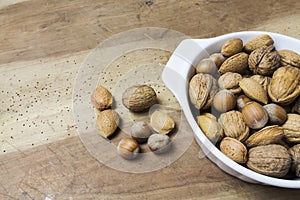 Close up of walnuts, hazelnuts and almonds on wooden table