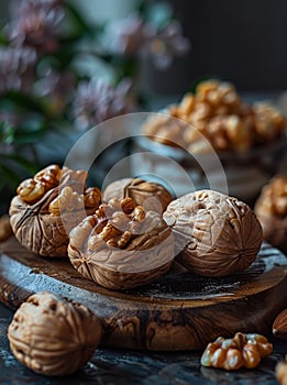 A close up of walnuts on a wooden cutting board. The walnuts are arranged in a pyramid shape