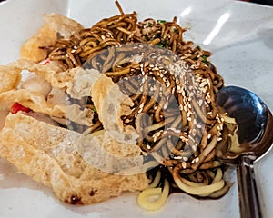 Close up of the wantan noodle with fried bean curd and sesame