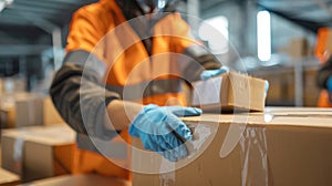 Close-up of a warehouse worker in safety vest sealing a cardboard box