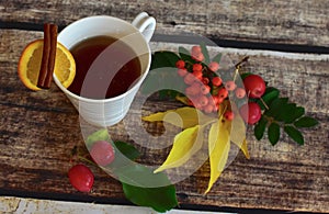 Close-up of warm fall beverage ready for sipping on cool autumn days with fall leaves and berries decorations