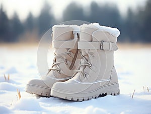 Close-up of warm winter boots in white color. winter landscape background