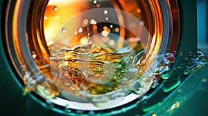 A close up of a washing machine with water and bubbles, AI