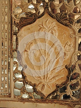 Close up of a wasp nest hanging from the ceiling of a building at outdoors, in Amber Fort near Jaipur, Rajasthan, India