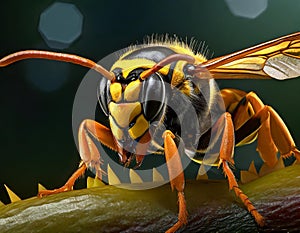 Close-up of a wasp with yellow and black stripes, transparent wings, and multifaceted eyes on a green surface