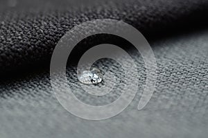 Close up water drop on grey gunny textile. Concept for easy clean, waterproof surfaces