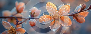 Close-up of water droplets on delicate orange blossoms against a soft blue background