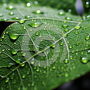 Close-up of water droplets, dew on a green leaf, generative ai