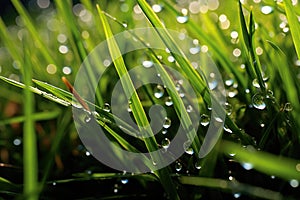 close-up of water droplets falling from an irrigation system onto vibrant grass