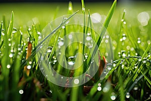 close-up of water droplets falling from an irrigation system onto vibrant grass