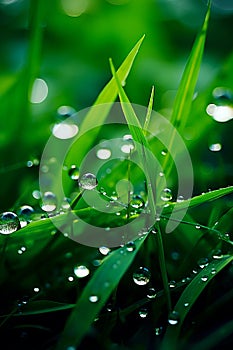 Close up of water droplets on green grass blade. Generative AI