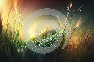 a close up of water droplets on a green grass with a sunset in the background of the image in the backgrouund
