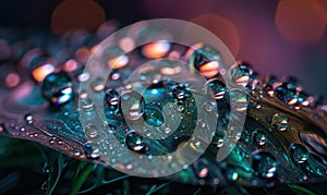 a close up of water droplets on a green leaf with blurry lights in the background