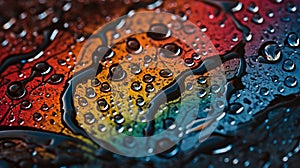 a close up of water droplets on a rainbow colored surface with a rainbow - hued rainbow - hued pattern in the center of the image