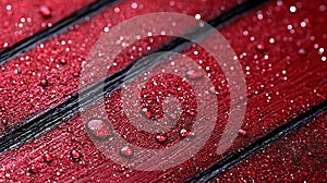A close up of water droplets on a red surface