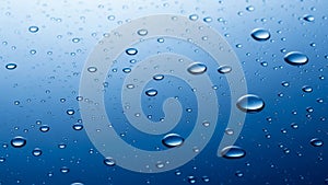 Close up of water droplets on a smooth blue surface with light reflection