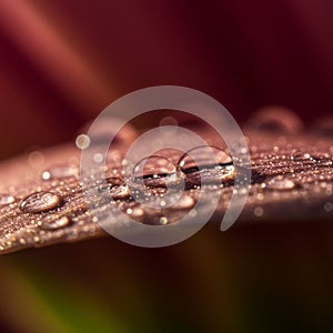 Close-up of water droplets on a textured surface, likely a leaf. The droplets are clear,
