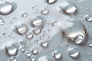 A close up of water droplets on a white surface.