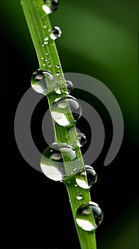 Close-up of water drops on a blade of grass against a black background