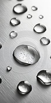 Close-Up of Water Drops on a Smooth, Metallic Surface, Showcasing Hydrophobic Properties