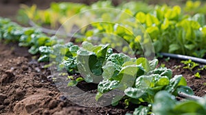 Close-up of a water-efficient drip irrigation system in an organic salad garden, fostering sustainability, Ai Generated