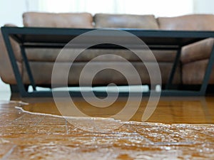 Close up of water flooding on living room parquet floor in a house - damage caused by water leakage photo