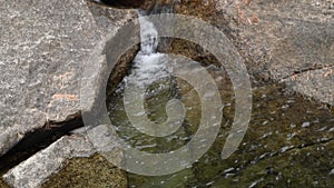 Close-up of water flowing and crashing between rocks in a small river.