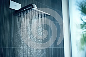 Close up of Water flowing from shower in the bathroom interior. Water spills from the shower