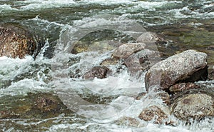 Close up of water flowing in a stream and rocks