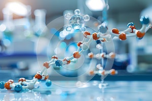 Close up of a water molecule model on a glass table in a laboratory