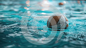 A close-up of a water polo ball, the pool's turquoise water gently blurred behind, showcasing the strength and