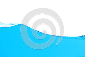 Close up water splash with air bubbles. Fresh and clean surface aqua flowing in wave and clean water on white background isolated