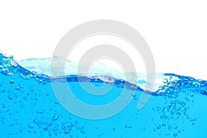 Close up water splash with air bubbles. Fresh and clean surface aqua flowing in wave and clean water on white background isolated