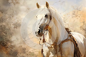 Close-up watercolor painting of a white horse with long mane