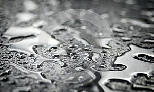 Close-up of waterdrops on silver surface.