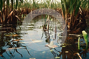 close-up of waterlogged crops drowning in water