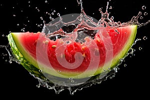 close-up of watermelon slice, juice drops splashing