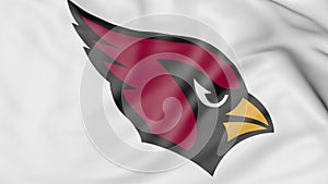 Close-up of waving flag with Arizona Cardinals NFL American football team logo, 3D rendering