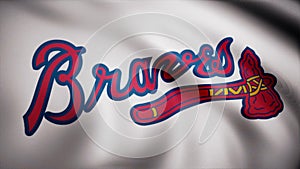 Close-up of waving flag with Atlanta Braves MLB baseball team logo, seamless loop. Editorial animation